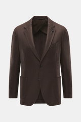 Lardini Blazer dark brown front view, slim fit, mix of cashmere and silk, airy Panama weave, soft touch, dropped lapel with flower pin, tailored two-button style, classic breast pocket, patch hip pockets, unfinished sleeve cuffs, rear side vents, unconstr