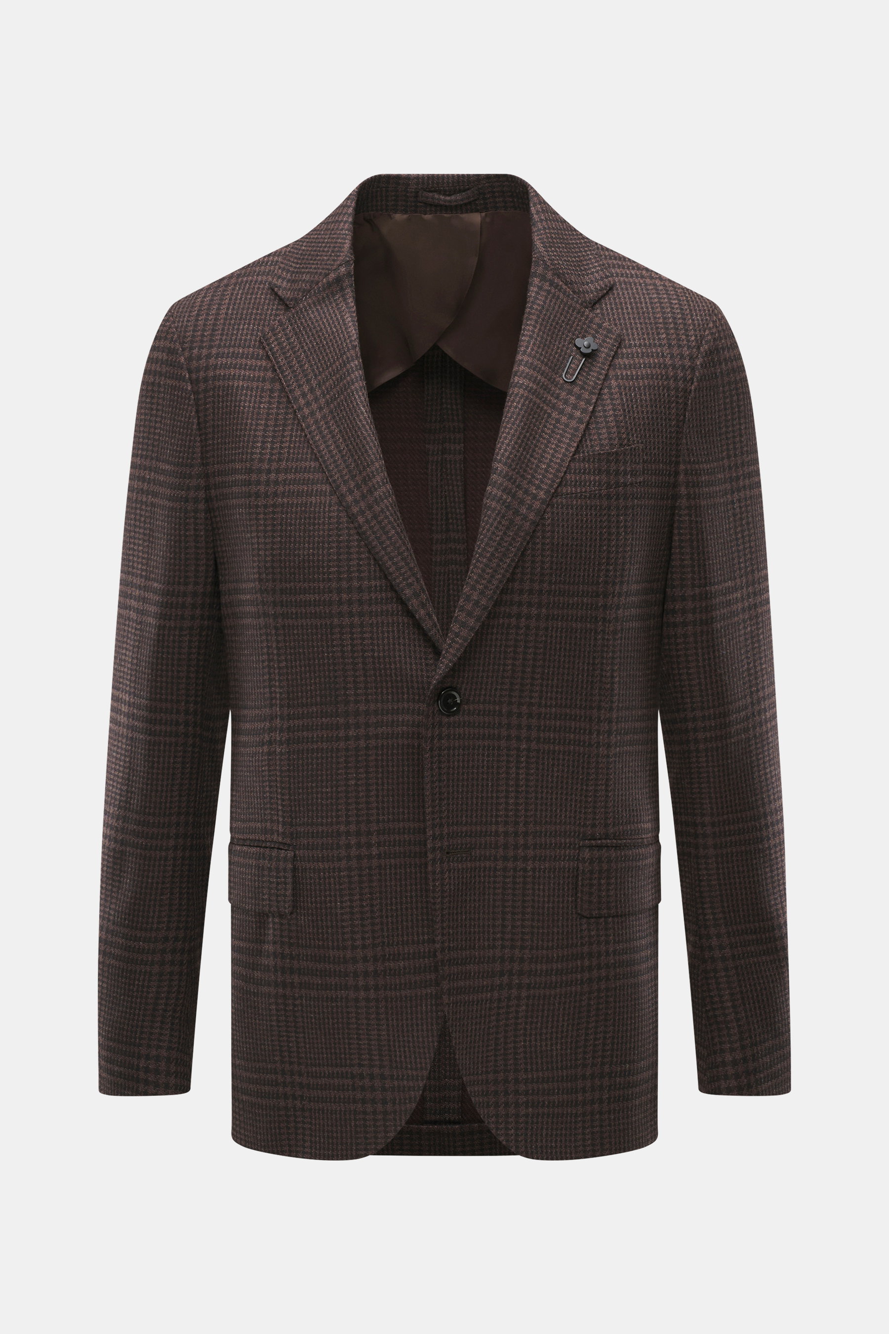 Lardini Sakko braun/dunkelbraun kariert, Slim Fit, Glencheck-Muster, Woll-Cashmere-Mix, unconstructed, Zwei-Knopf, Blüten-Anstecker, frontal fotografiert.