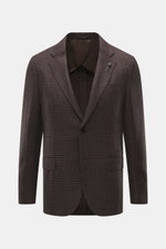 Front view of a Lardini Brown/Dark Brown Checked Blazer with a glencheck woven pattern in a slim fit, featuring a two-button tailored style, notched lapel with flower pin, classic breast pocket, hip pockets with flaps, unfinished sleeve ends, rear side ve