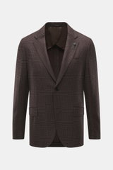 Front view of a Lardini Brown/Dark Brown Checked Blazer with a glencheck woven pattern in a slim fit, featuring a two-button tailored style, notched lapel with flower pin, classic breast pocket, hip pockets with flaps, unfinished sleeve ends, rear side ve