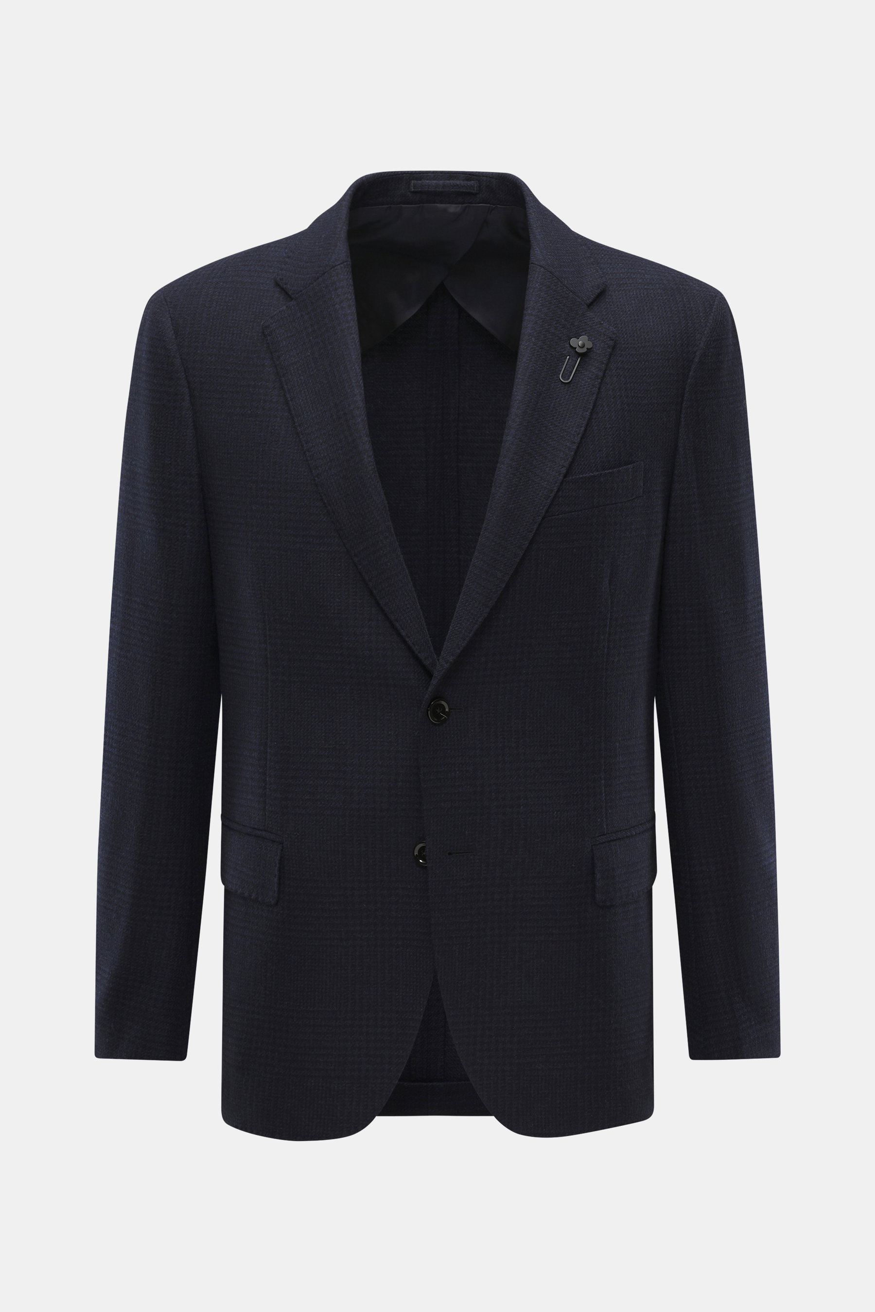 Front view of Lardini Blazer navy/black checkered, Slim Fit, tailored two-button style with notched lapel and flower pin, classic breast pocket, hip pockets with flap, unfinished sleeve cuffs, rear side vents, unconstructed design, two inner pockets, made