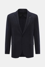 Front view of Lardini Blazer navy/black checkered, Slim Fit, tailored two-button style with notched lapel and flower pin, classic breast pocket, hip pockets with flap, unfinished sleeve cuffs, rear side vents, unconstructed design, two inner pockets, made