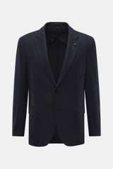 Front view of Lardini Blazer navy/black checkered, Slim Fit, tailored two-button style with notched lapel and flower pin, classic breast pocket, hip pockets with flap, unfinished sleeve cuffs, rear side vents, unconstructed design, two inner pockets, made
