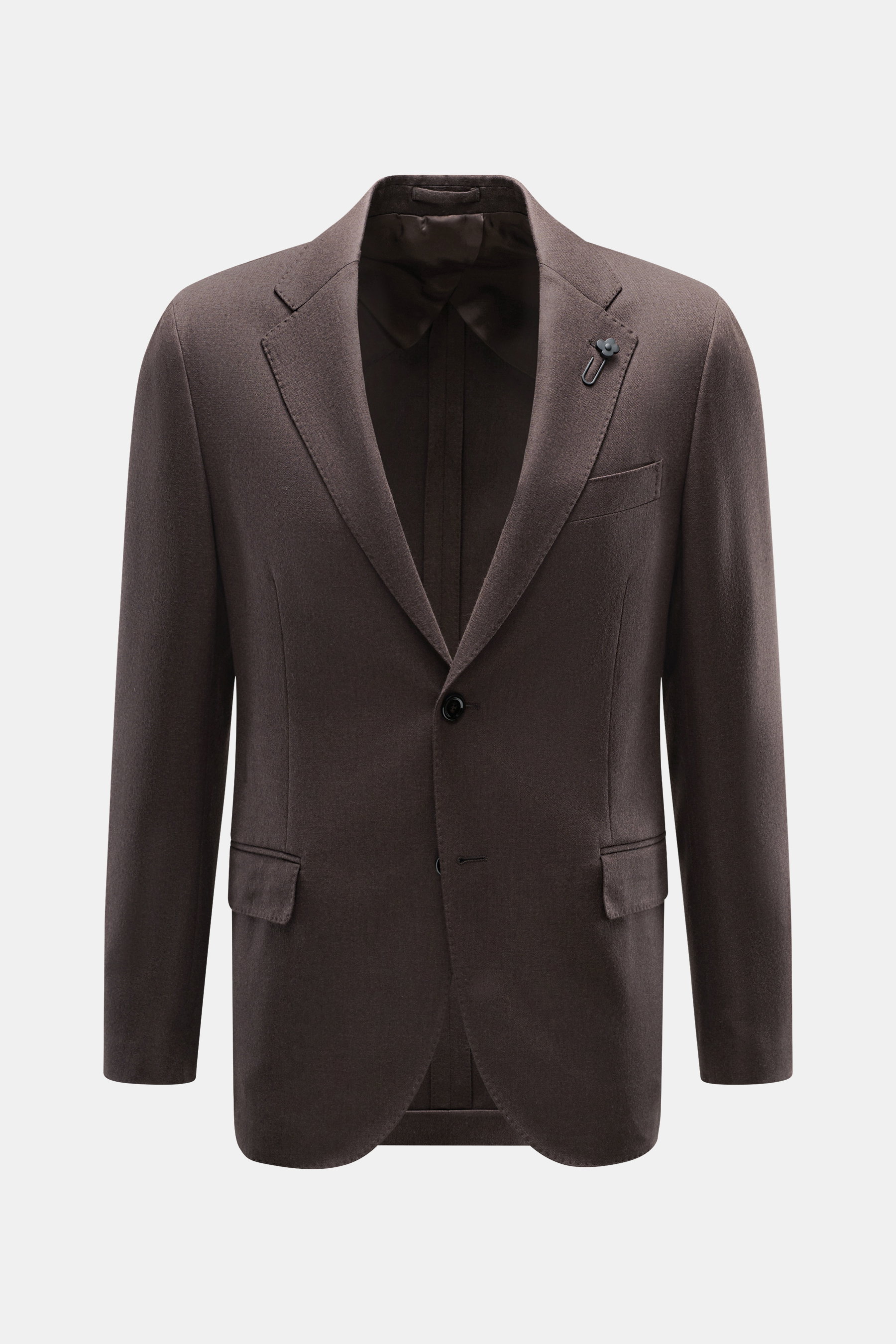 Front view of Lardini Brown Jersey Blazer, slim fit, jersey made of pure virgin wool, soft touch, tailored two-button style, notched lapel with flower pin, classic breast pocket, hip pockets with flap, unfinished sleeve cuffs, rear side vents, unconstruct