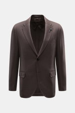 Front view of Lardini Brown Jersey Blazer, slim fit, jersey made of pure virgin wool, soft touch, tailored two-button style, notched lapel with flower pin, classic breast pocket, hip pockets with flap, unfinished sleeve cuffs, rear side vents, unconstruct