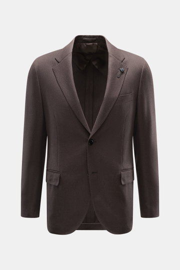 Front view of Lardini Brown Jersey Blazer, slim fit, jersey made of pure virgin wool, soft touch, tailored two-button style, notched lapel with flower pin, classic breast pocket, hip pockets with flap, unfinished sleeve cuffs, rear side vents, unconstruct