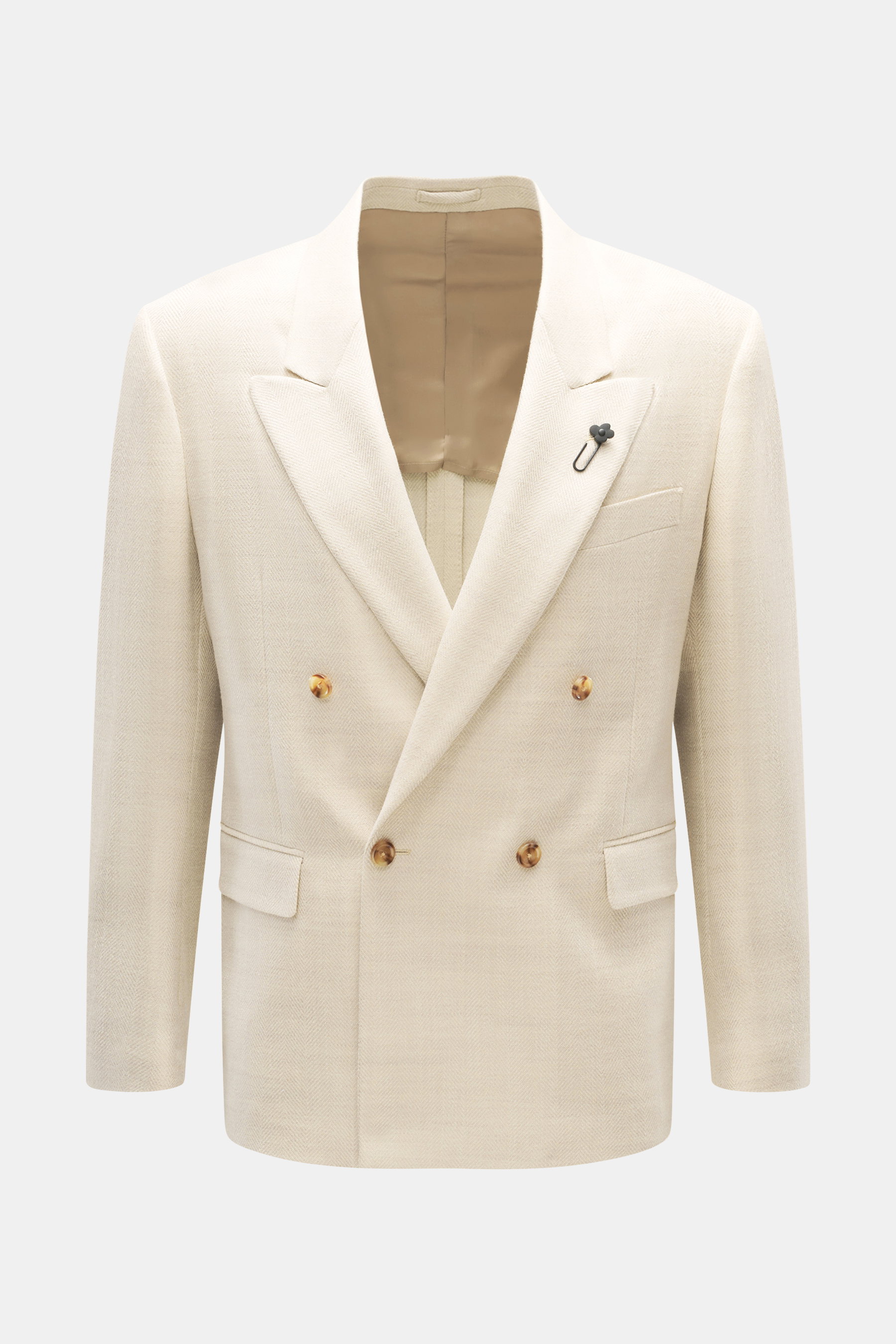 Front view of Lardini Blazer sand melange in a slim fit, double-breasted two-button style with notched lapel, flower pin, patch hip pockets, classic breast pocket, two inner pockets, rear side vents, made of a soft touch lightweight structured jersey blen