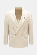 Front view of Lardini Blazer sand melange in a slim fit, double-breasted two-button style with notched lapel, flower pin, patch hip pockets, classic breast pocket, two inner pockets, rear side vents, made of a soft touch lightweight structured jersey blen
