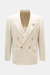 Front view of Lardini Blazer sand melange in a slim fit, double-breasted two-button style with notched lapel, flower pin, patch hip pockets, classic breast pocket, two inner pockets, rear side vents, made of a soft touch lightweight structured jersey blen