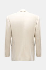 Back view of Lardini Blazer sand melange in a mix of virgin wool and silk, structured jersey, soft touch, lightweight, slim fit, double-breasted, notched lapel with flower pin, classic breast pocket, patch hip pockets, two inner pockets, rear side vents.