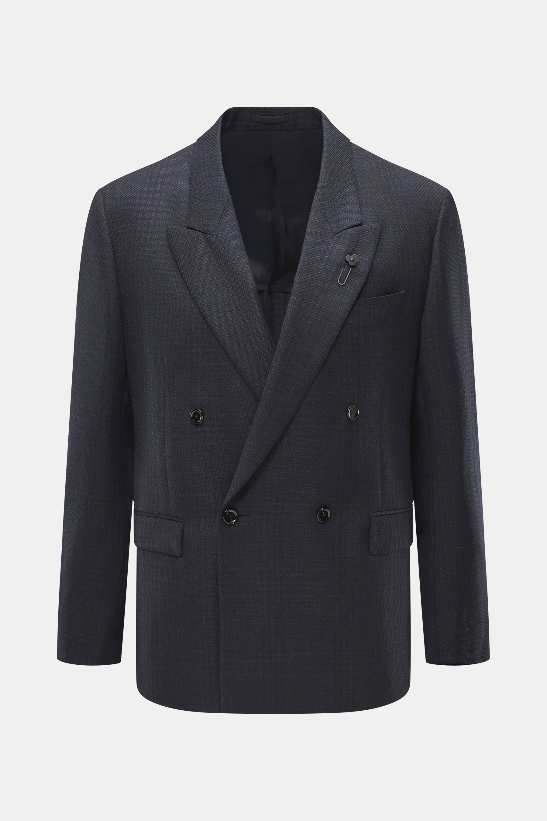 Front view of a Lardini Navy patterned blazer in pure virgin wool with structured woven pattern, Slim Fit, notch lapel, double-breasted two-button style, classic breast pocket, hip pockets with flap, unfinished sleeve cuffs, rear side vents, half lined, a