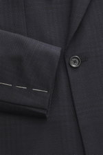 Close-up front view of a Lardini Navy patterned blazer showcasing pure virgin wool, structured woven pattern, Slim Fit, notch lapel, double-breasted two-button style, classic breast pocket, hip pockets with flap, unfinished sleeve cuffs, rear side vents, 