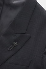 Lardini Navy patterned blazer photographed from a close-up front angle, showcasing pure virgin wool, structured woven pattern, Slim Fit, notch lapel, double-breasted two-button style, classic breast pocket, hip pockets with flap, unfinished sleeve cuffs, 