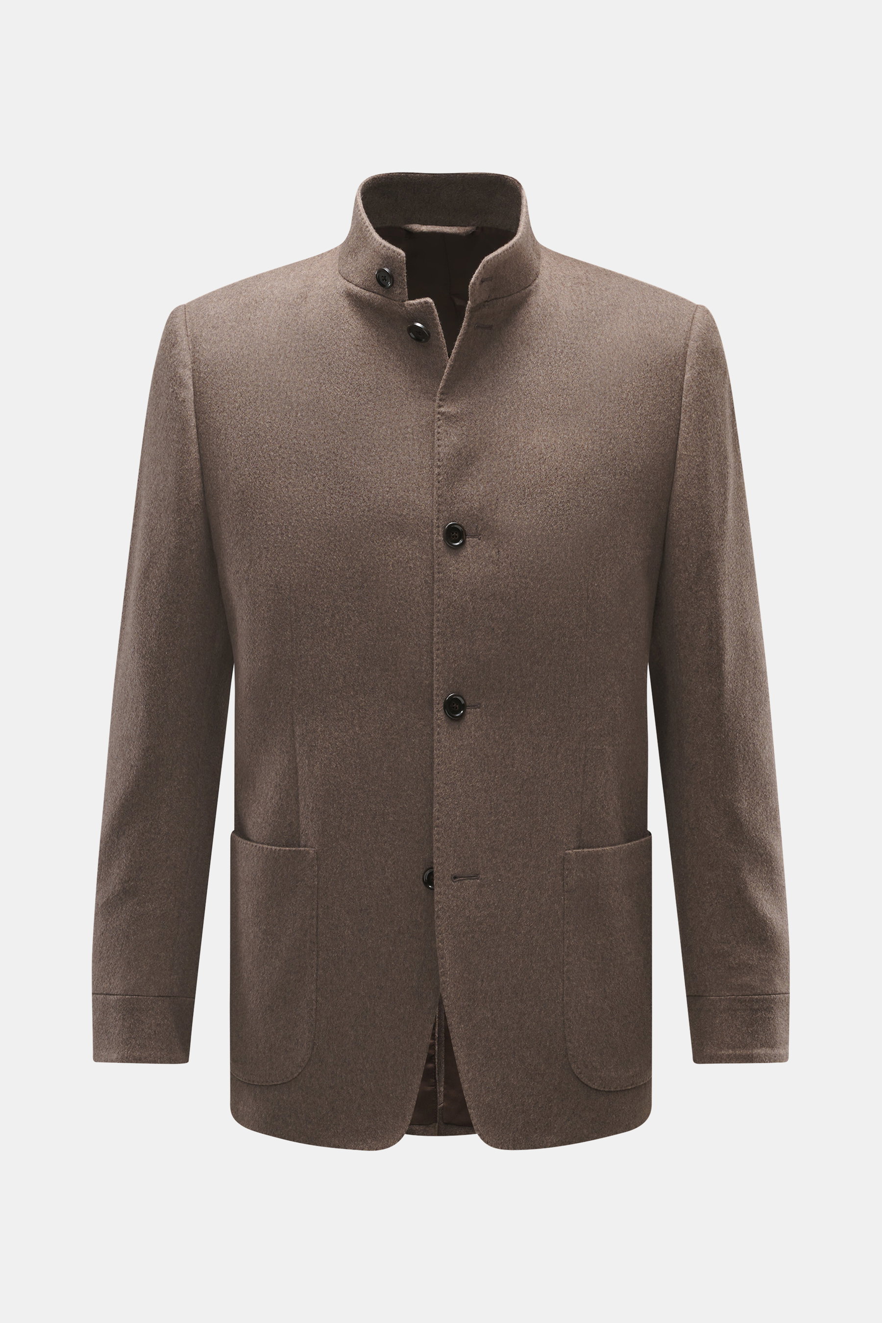Lardini Cashmere Sakko graubraun, Slim Fit, Stehkragen mit Riegel, taillierter Vier-Knopf-Stil, aufgesetzte Hüfttaschen, Ärmel mit Knopf, Rückenmittelschlitz, unconstructed Design, zwei Innentaschen, reiner Cashmere, weicher Griff, Frontalaufnahme.