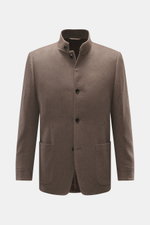 Front view of Lardini Cashmere blazer grey brown in pure cashmere with soft touch, slim fit, stand-up collar with tab, tailored four-button style, patch hip pockets, buttoned sleeve cuffs, center back vent, unconstructed design, and two inner pockets.