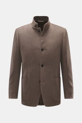 Front view of Lardini Cashmere blazer grey brown in pure cashmere with soft touch, slim fit, stand-up collar with tab, tailored four-button style, patch hip pockets, buttoned sleeve cuffs, center back vent, unconstructed design, and two inner pockets.