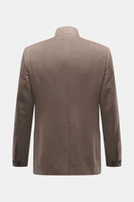 Lardini Cashmere blazer grey brown shown from the back, pure cashmere with soft touch, slim fit, stand-up collar with tab, tailored four-button style, patch hip pockets, buttoned sleeve cuffs, center back vent, unconstructed design, two inner pockets.