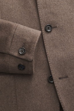 Close-up front view of Lardini Cashmere blazer grey brown showing buttoned sleeve cuffs and tailored four-button style, pure cashmere, soft touch, slim fit, stand-up collar with tab, patch hip pockets, center back vent, unconstructed design, two inner poc