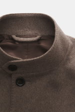 Close-up front view of Lardini Cashmere blazer grey brown showing stand-up collar with tab, four-button slim fit style, pure cashmere soft touch fabric.