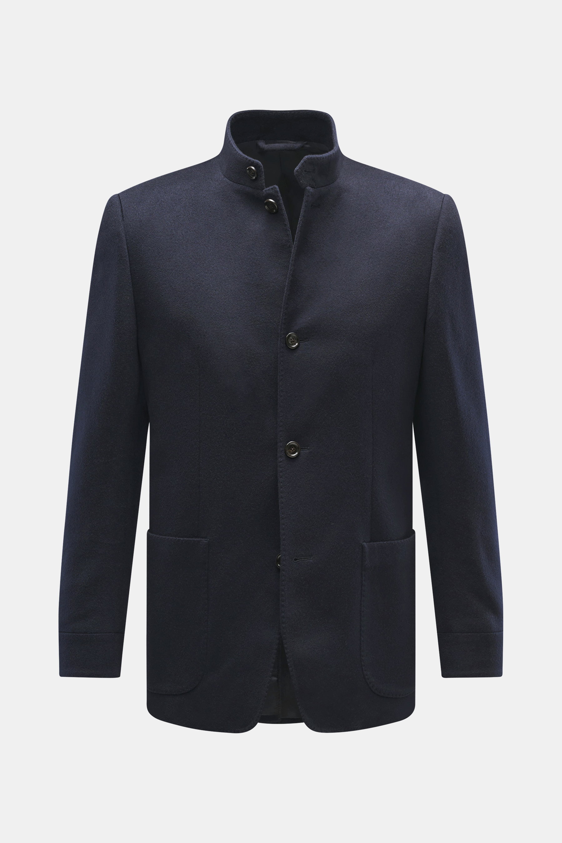 Lardini Cashmere Sakko navy, Slim Fit, reiner Cashmere, weicher Griff, Stehkragen mit Riegel, taillierter Vier-Knopf-Stil, Hüfttaschen, Knopfärmel, Rückenmittelschlitz, unconstructed Design, zwei Innentaschen, Frontalansicht.