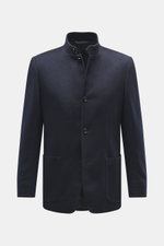 Lardini Cashmere blazer navy in soft pure cashmere with slim fit, stand-up collar with tab, four-button style, patch hip pockets, buttoned cuffs, center back vent, unconstructed design, two inner pockets, shown from front.