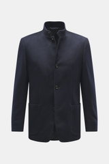 Lardini Cashmere blazer navy in soft pure cashmere with slim fit, stand-up collar with tab, four-button style, patch hip pockets, buttoned cuffs, center back vent, unconstructed design, two inner pockets, shown from front.