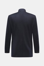 Lardini Cashmere blazer navy shown from the back, pure cashmere, soft touch, slim fit, stand-up collar with tab, tailored four-button style, patch hip pockets, buttoned sleeve cuffs, center back vent, unconstructed design, two inner pockets.