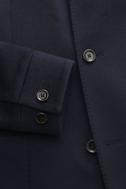 Close-up front view of the Lardini Cashmere blazer navy, showcasing pure cashmere fabric, soft touch, slim fit, tailored four-button style, buttoned sleeve cuffs, stand-up collar with tab, patch hip pockets, center back vent, unconstructed design, and two