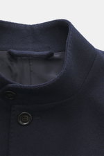 Close-up front view of the Lardini Cashmere blazer navy featuring pure cashmere, soft touch, slim fit, stand-up collar with tab, tailored four-button style, patch hip pockets, buttoned sleeve cuffs, center back vent, unconstructed design, and two inner po