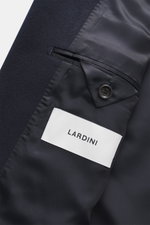 Close-up inside view of the Lardini Cashmere blazer navy showing pure cashmere fabric, soft touch, slim fit, stand-up collar with tab, tailored four-button style, patch hip pockets, buttoned sleeve cuffs, center back vent, unconstructed design, and two in
