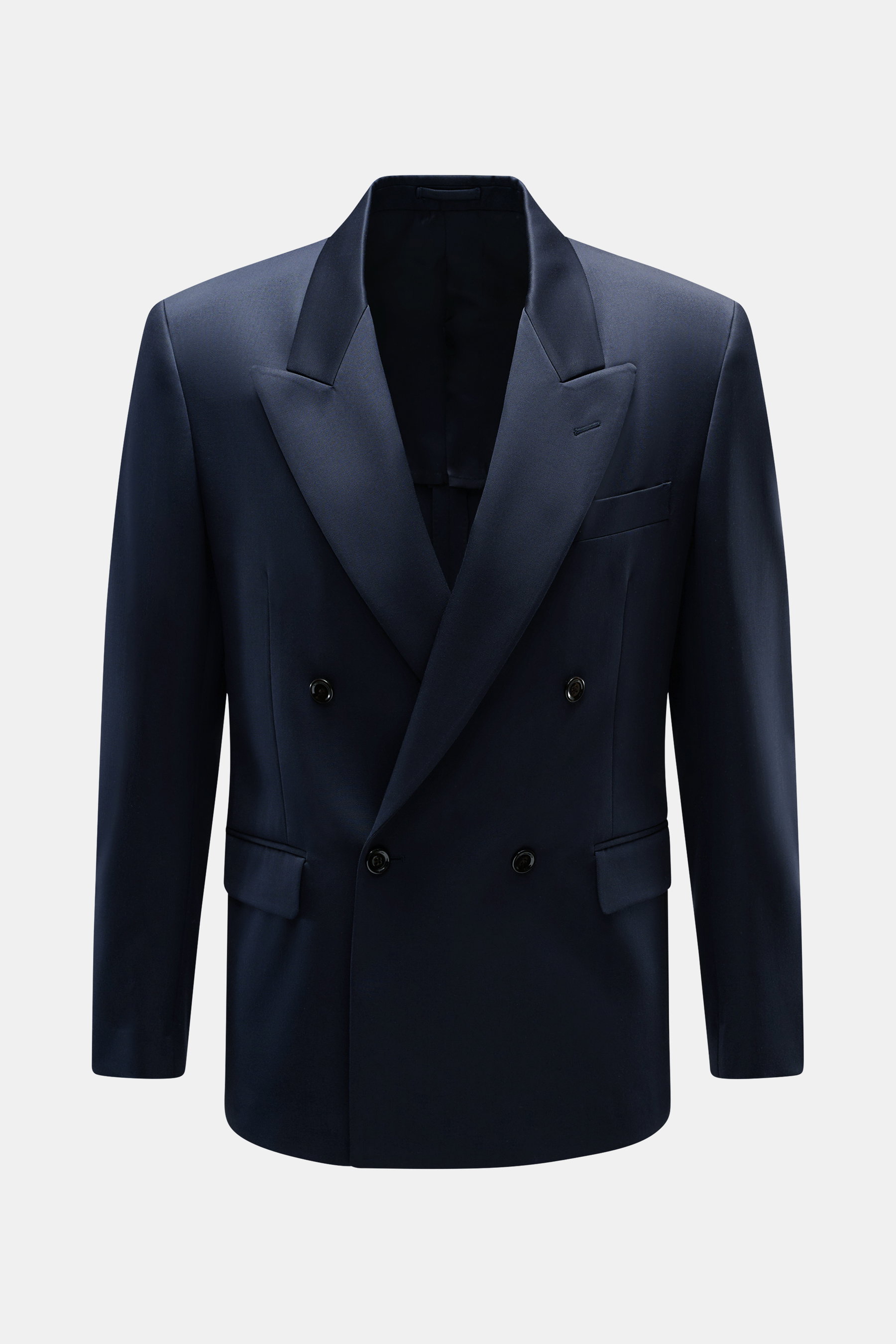 Front view of Lardini Blazer navy in gabardine made of pure new wool, smooth feel, slim fit, notch lapel, double-breasted two-button style, classic breast pocket, hip pockets with flap, unfinished sleeve cuffs, rear side vents, half lined, two inside pock