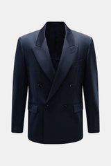 Front view of Lardini Blazer navy in gabardine made of pure new wool, smooth feel, slim fit, notch lapel, double-breasted two-button style, classic breast pocket, hip pockets with flap, unfinished sleeve cuffs, rear side vents, half lined, two inside pock