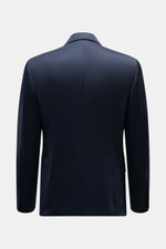 Lardini Blazer navy shown from the back, gabardine pure new wool, smooth feel, slim fit, notch lapel, double-breasted two-button style, classic breast pocket, hip pockets with flap, unfinished sleeve cuffs, rear side vents, half lined, two inside pockets.
