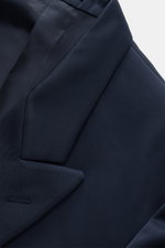 Lardini Blazer navy shown from a close-up top angle, gabardine pure new wool, smooth feel, slim fit, notch lapel, double-breasted two-button style.