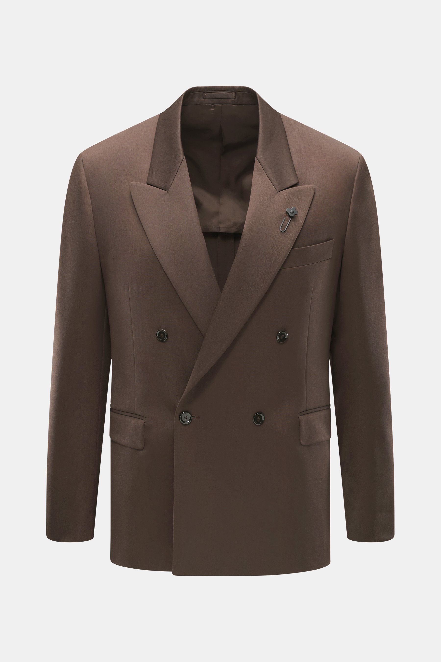 Lardini Sakko dunkelbraun, Slim Fit, aus reiner Schurwolle Gabardine, glatter Griff, zweireihig, Spitzrevers, Brusttasche, Hüfttaschen, halb gefüttert, Innentaschen, von vorne fotografiert.