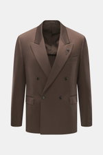 Front view of Lardini Dark Brown Blazer in slim fit gabardine pure new wool, smooth touch, double-breasted two-button style, notched lapel, classic breast pocket, hip flap pockets, unfinished sleeve cuffs, rear side vents, half lined with two inner pocket