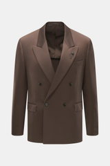 Front view of Lardini Dark Brown Blazer in slim fit gabardine pure new wool, smooth touch, double-breasted two-button style, notched lapel, classic breast pocket, hip flap pockets, unfinished sleeve cuffs, rear side vents, half lined with two inner pocket