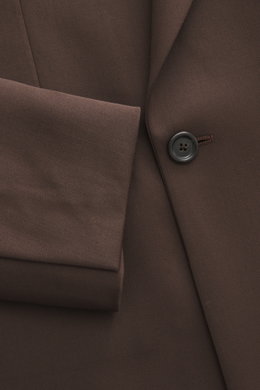 Lardini Dark Brown Blazer close-up from the front showing notched lapel, double-breasted two-button style, gabardine pure new wool, smooth touch, slim fit, classic breast pocket, hip pockets with flap, unfinished sleeve cuffs, rear side vents, half lined,
