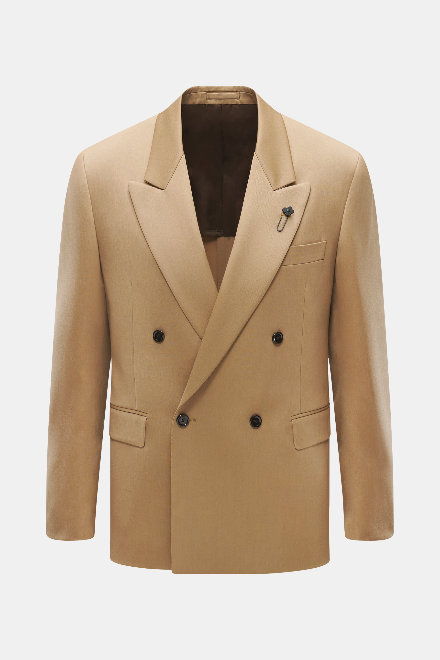 Lardini Sakko hellbraun, frontale Nahaufnahme, Gabardine aus reiner Schurwolle, Slim Fit, zweireihig, Spitzrevers, Brust- und Hüfttaschen, halb gefüttert, zwei Innentaschen.