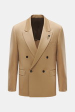 Front view of Lardini Blazer light brown, gabardine pure new wool, smooth feel, slim fit, notch lapel, double-breasted two-button, classic breast pocket, hip flap pockets, unfinished sleeve cuffs, rear side vents, half lined, two inside pockets.