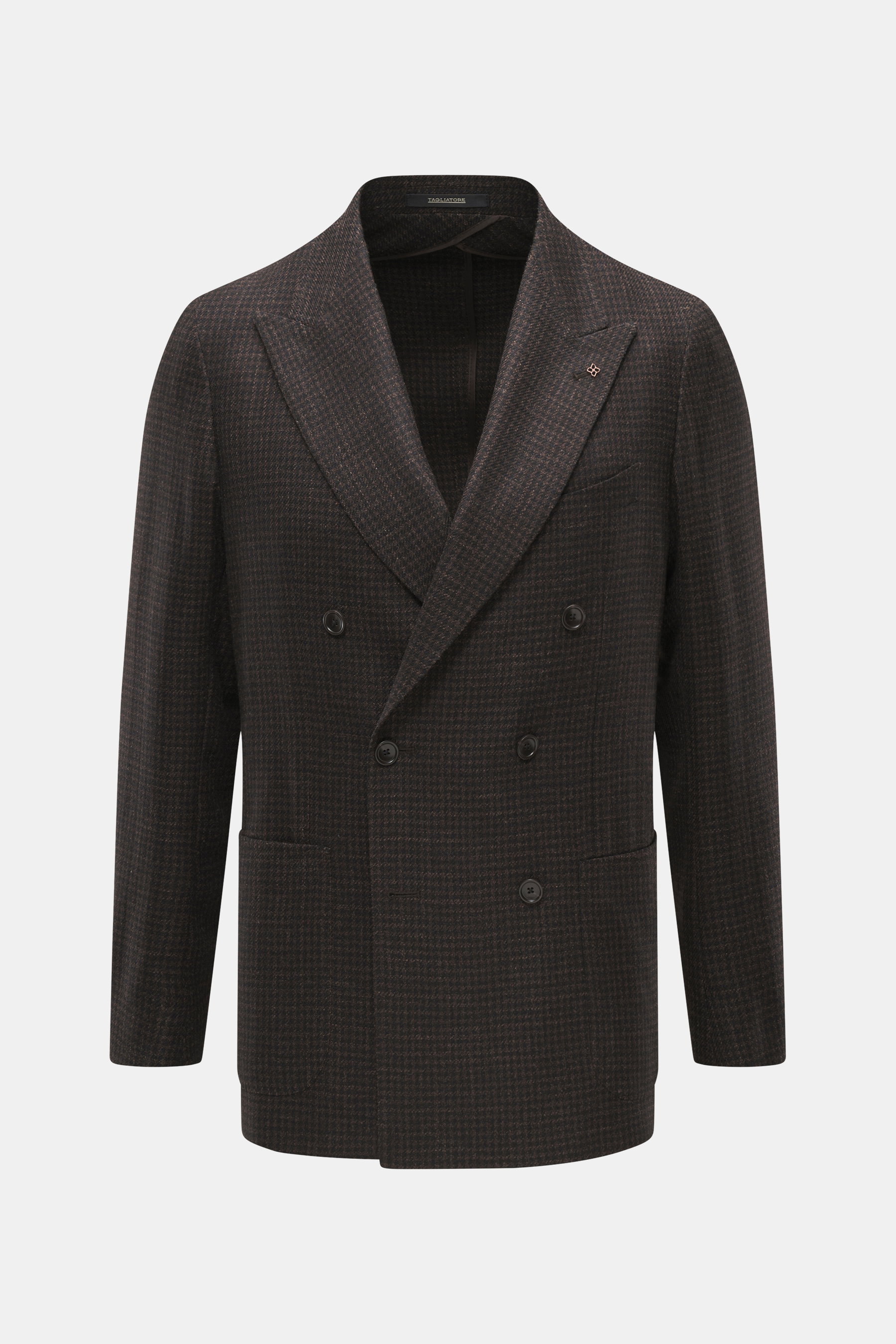 Front view of the Tagliatore Blazer dark brown/black checkered, a slim fit, double-breasted three-button blazer in lightweight virgin wool-silk blend with soft touch, subtle houndstooth pattern, peaked lapel with brand-typical pin, classic breast pocket, 