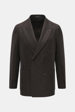 Front view of the Tagliatore Blazer dark brown/black checkered, a slim fit, double-breasted three-button blazer in lightweight virgin wool-silk blend with soft touch, subtle houndstooth pattern, peaked lapel with brand-typical pin, classic breast pocket, 