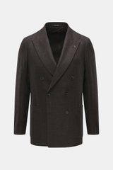 Front view of the Tagliatore Blazer dark brown/black checkered, a slim fit, double-breasted three-button blazer in lightweight virgin wool-silk blend with soft touch, subtle houndstooth pattern, peaked lapel with brand-typical pin, classic breast pocket, 