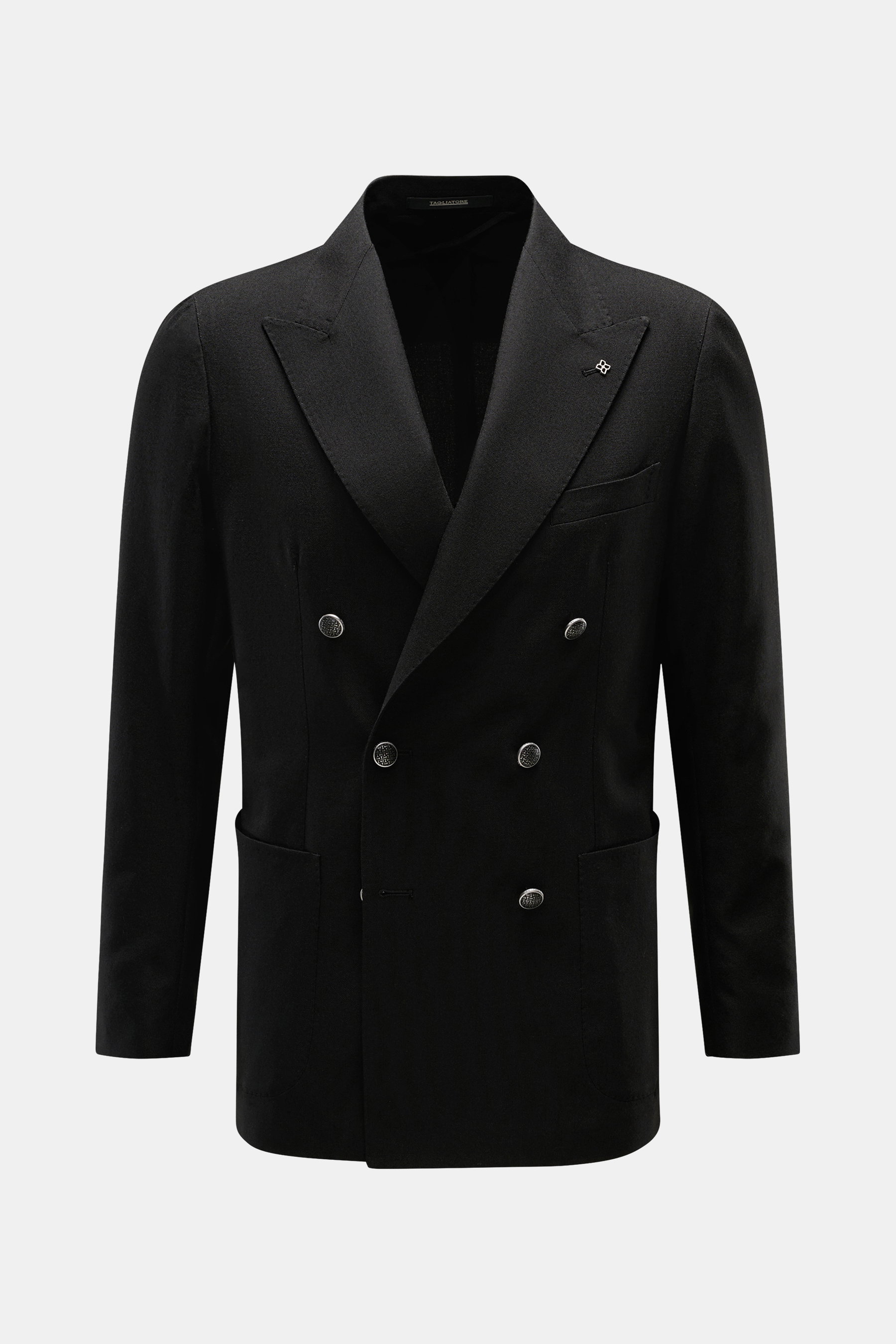 Front view of Tagliatore Black Blazer in pure new wool, slim fit, double-breasted with peak lapels, textured feel, and patch pockets.

Description:  
<p>The double-breasted blazer by TAGLIATORE made of pure new wool combines Italian tailoring craftsmanshi