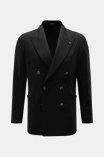 Front view of Tagliatore Black Blazer in pure new wool, slim fit, double-breasted with peak lapels, textured feel, and patch pockets.

Description:  
<p>The double-breasted blazer by TAGLIATORE made of pure new wool combines Italian tailoring craftsmanshi