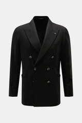 Front view of Tagliatore Black Blazer in pure new wool, slim fit, double-breasted with peak lapels, textured feel, and patch pockets.

Description:  
<p>The double-breasted blazer by TAGLIATORE made of pure new wool combines Italian tailoring craftsmanshi