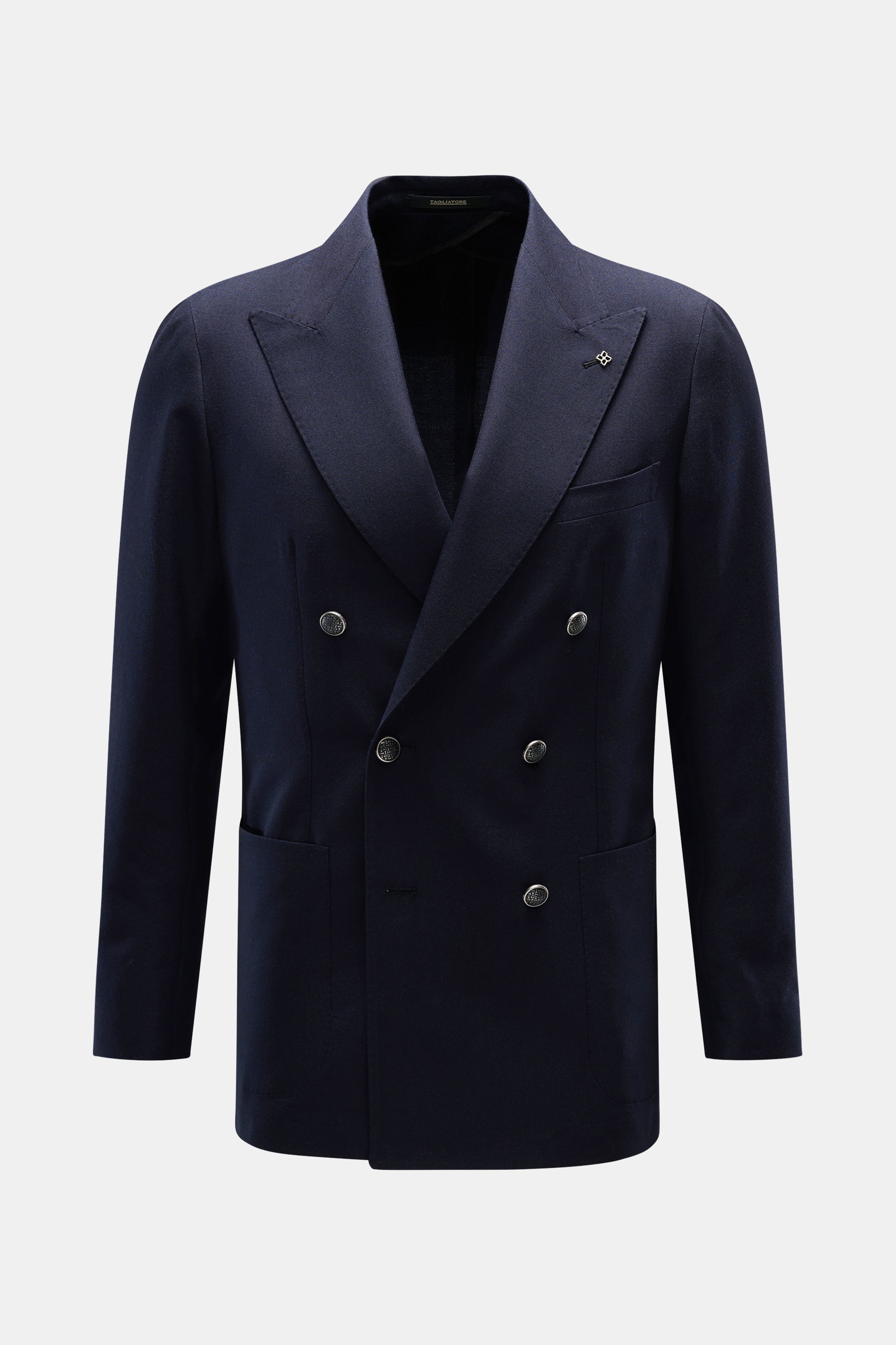 Tagliatore Sakko navy, Frontansicht, zweireihig mit drei silbernen Knöpfen, Spitzrevers, reine Schurwolle, Slim Fit, Unconstructed Design, Brusttasche, Hüfttaschen, markanter Pin am Revers.