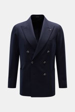 Front view of Tagliatore Blazer navy in pure virgin wool, double-breasted slim fit with peak lapels, textured weave, and patch pockets.