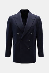 Front view of Tagliatore Blazer navy in pure virgin wool, double-breasted slim fit with peak lapels, textured weave, and patch pockets.