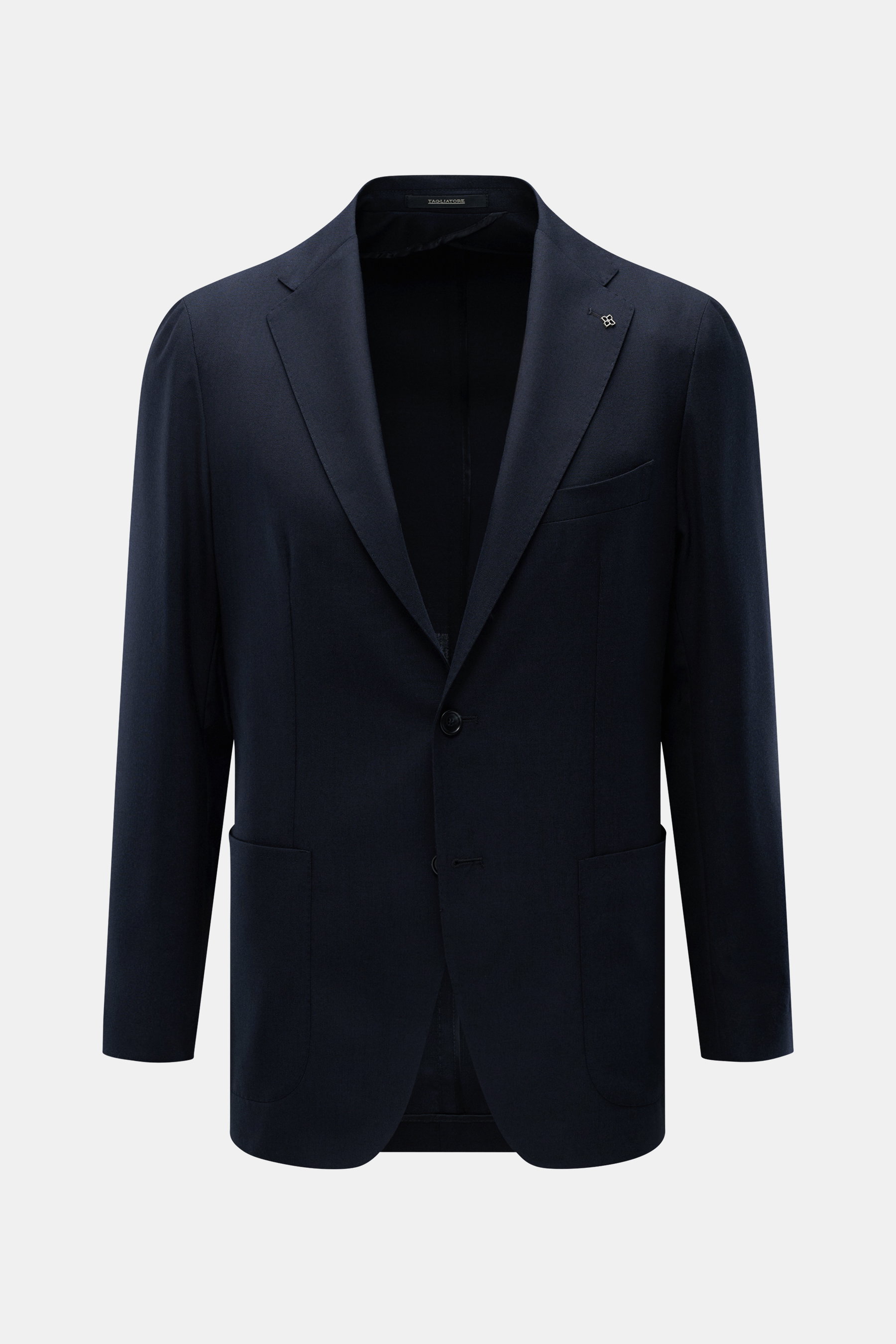 Front view of Tagliatore Cashmere Sakko 'Monte Carlo' navy, a slim fit, unconstructed two-button jacket with a soft cashmere fabric, notch lapels with brand pin, chest pocket, patch hip pockets, unfinished sleeve cuffs, and rear side vents.